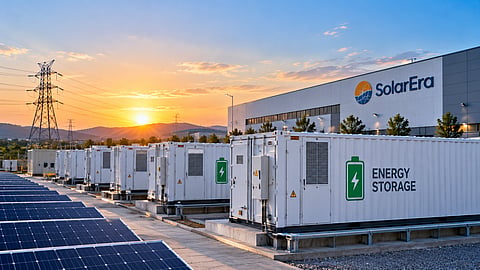 Conceptual view of a battery energy storage integration facility featuring large containerised battery storage units, solar panels and power transmission infrastructure at sunset.