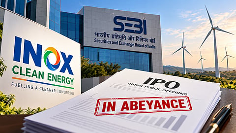 Conceptual illustration of Inox Clean Energy’s IPO under regulatory review, featuring an IPO prospectus stamped “In Abeyance,” a SEBI building and wind turbines in the background.