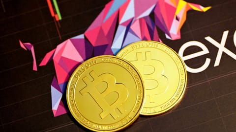 Two Bitcoin coins on a digital financial chart with a bull