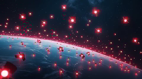 A Swarm of Countless Glowing Red Satellites Congregates in the  Space