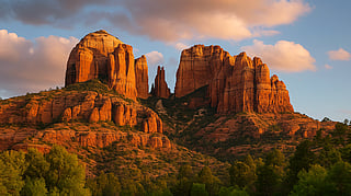 Towering red rock formations and mesas under a glowing sky in Sedona