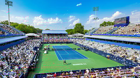 Tennis match at Mubadala Citi DC Open with packed hospitality seating