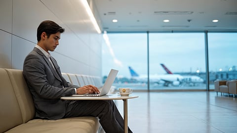 Man working on laptop in Haneda Airport lounge with airplanes outside