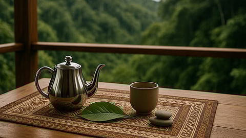 Luxury tea ceremony setup with forest view at a Peruvian retreat