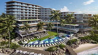 Aerial view of Pendry Residences Barbados with pool and marina access