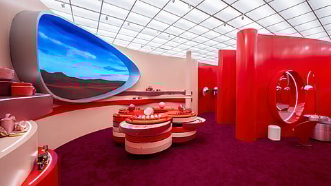 Louis Vuitton La Beauté pop-up interior in Soho with immersive red design