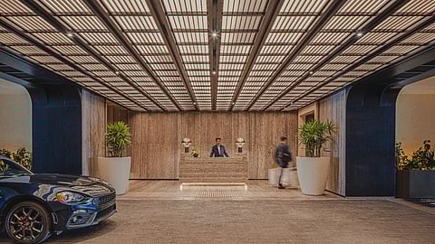 Elegant Mandarin Oriental Beverly Hills lobby with luxury car arrival