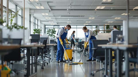 Workers in blue uniforms mopping an open office space