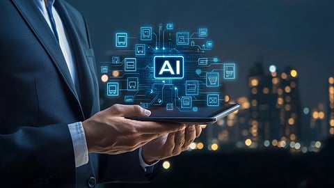 Businessman holding tablet with AI icons glowing in a digital network