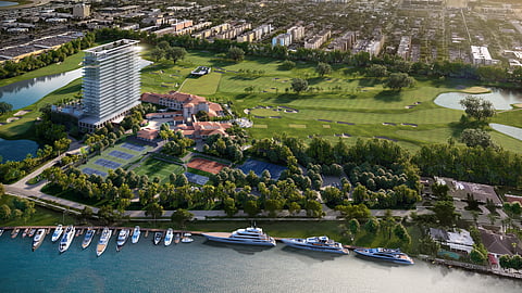 Aerial rendering of Shell Bay with tower, marina, and golf course
