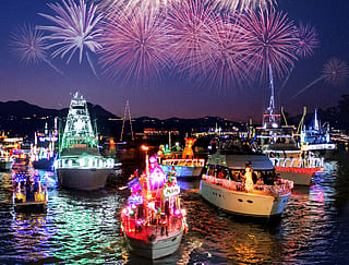 Fireworks illuminate the night sky as yachts sparkle through Newport Harbor