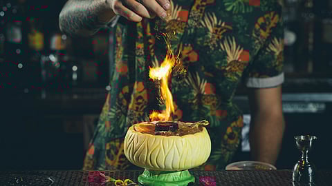 A signature flaming tiki cocktail