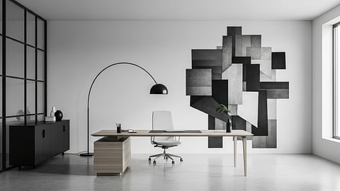 Black and white office with geometric wall art and sleek furniture
