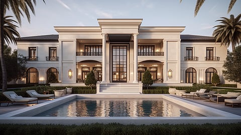 Modern luxury mansion with grand columns and pool