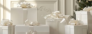 White gifts in front of a Christmas tree