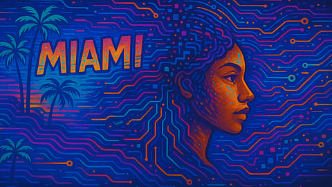 A mural fusing Miami street art with abstract data streams in neon hues