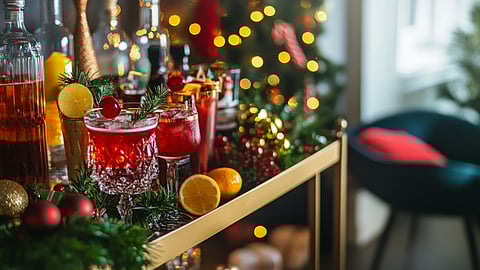 A festive home bar styled for the season