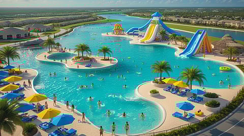 Aerial view of a Crystal Lagoons community with turquoise water