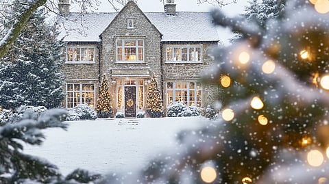 Christmas decorations on a home in winter