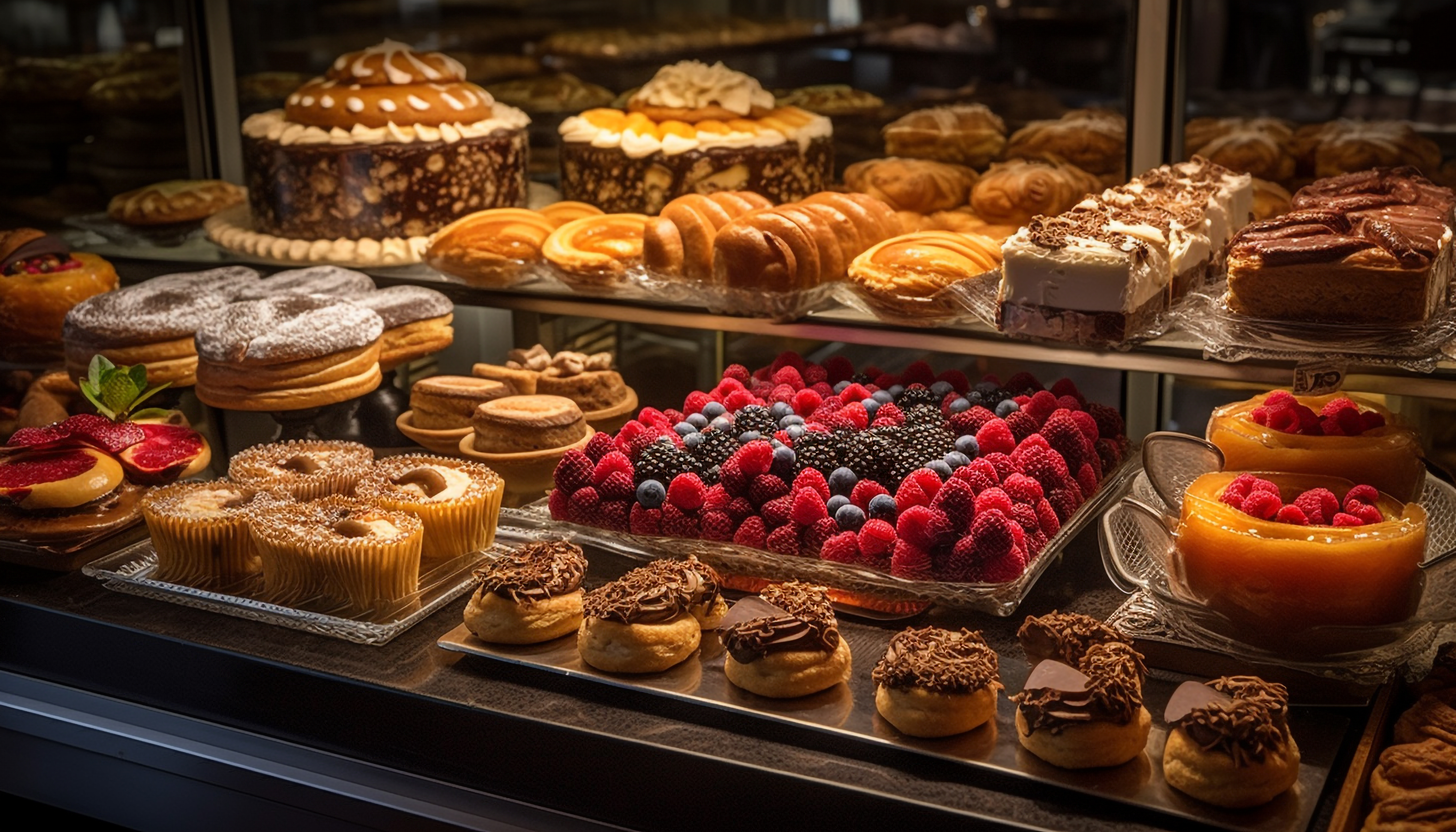 Display of vegan pastries and cakes in a Miami bakery showcase