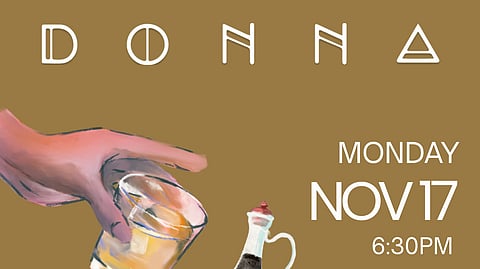Illustration of a hand with a cocktail and a balsamic bottle for Donna event poster.