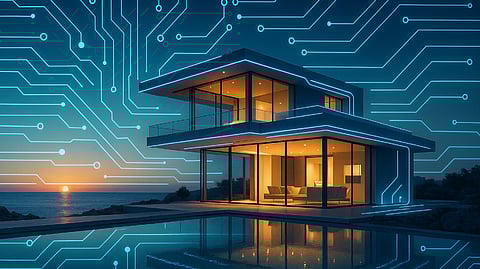 Modern luxury home with digital circuit overlay hinting at future tech living