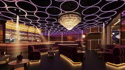 Elixir nightclub with purple ceiling lights and a large crystal chandelier