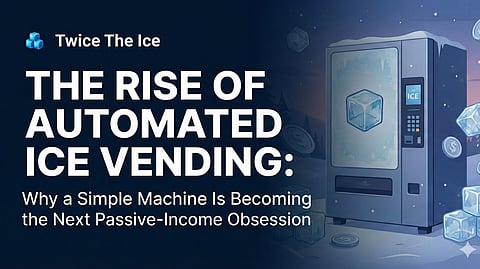 Illustration of an automated ice vending machine promoting passive-income opportunities