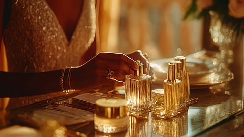 Woman selecting gold skincare bottles on a vanity in warm golden light