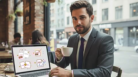 Man in suit using laptop with PDF editing icons displayed while drinking coffee in a café