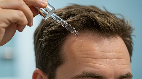 Serum applied to a man’s scalp during a hair restoration treatment