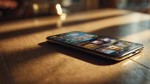 A smartphone displaying online casino games on a wooden table