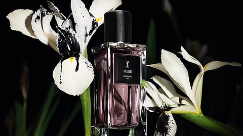 Yves Saint Laurent Muse fragrance bottle surrounded by white iris flowers