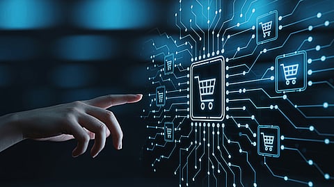 AI-powered e-commerce interface with digital shopping cart icons and automation technology