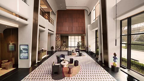Modern hotel lobby in Suzhou’s Xiangcheng District featuring contemporary design and high ceilings