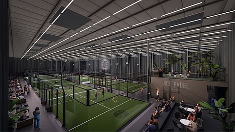 Interior rendering of ACE Padel Denver club with multiple padel courts and spectator lounge areas