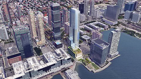 Aerial rendering of Harborside 8, a luxury waterfront high-rise development in Jersey City