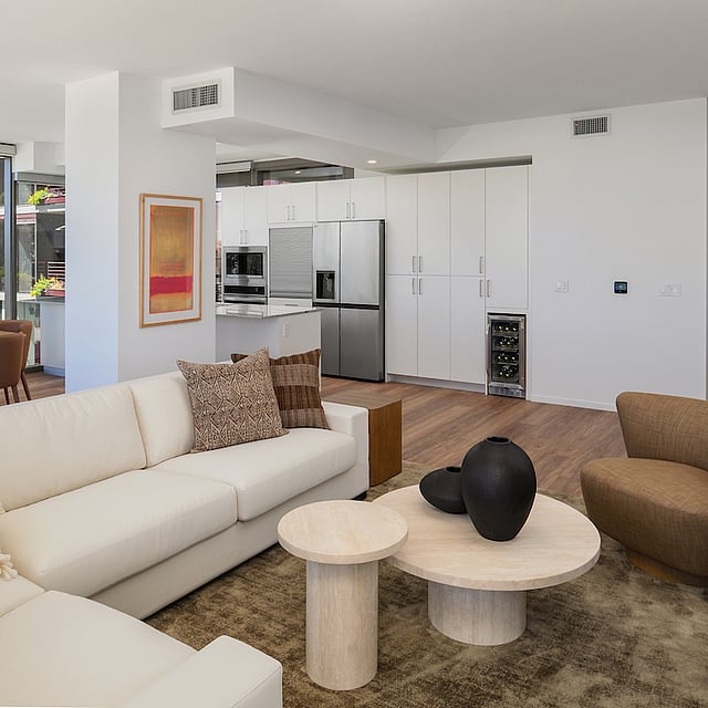 Bright living room with modern finishes at Optima McDowell Mountain