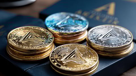 Stacked crypto coins representing  the evolving role of cryptocurrency in luxury finance