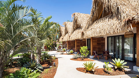 Thatched-roof guest rooms surrounded by tropical gardens at The Gilded Iguana Surf Hotel