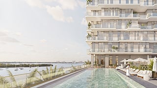 Tula Residences penthouse terrace overlooking Biscayne Bay with panoramic Miami skyline views