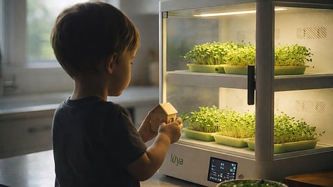 A child harvesting fresh, nutrient-dense microgreens grown by Luya's AI-powered home system.