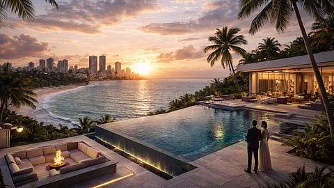 Oceanfront luxury villa with infinity pool overlooking the coastline at sunset