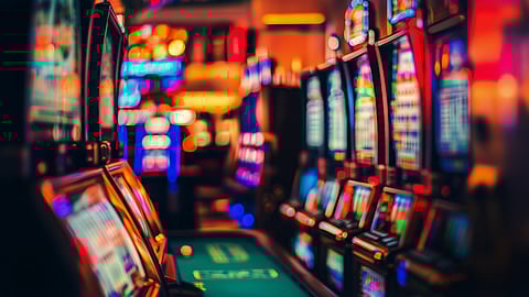 A row of colorful slot machines inside a luxury casino, showcasing a vibrant gaming environment