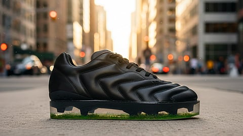 Black Pantofola d’Oro x SANGI shoe photographed on a city street at golden hour