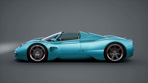 Side view of the Pagani Utopia Roadster Miami Edition in turquoise