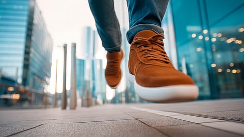 Close-up of brown sneakers walking on a modern city sidewalk during the day