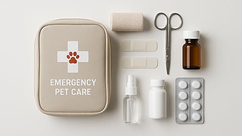 Emergency pet care kit with bandages, medication bottles, and scissors