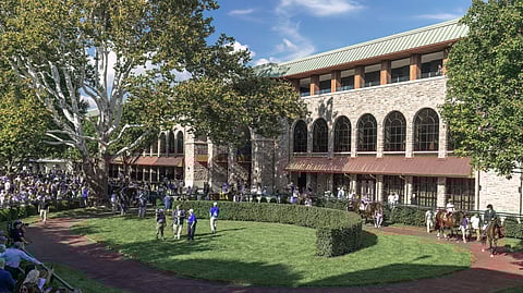Exterior view of Keeneland’s Paddock Building overlooking the Saddling Paddock