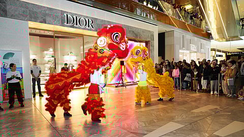 Red and gold lion dancers perform inside The Shops at Hudson Yards during Lunar New Year